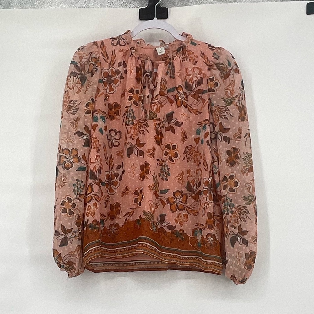 Joie floral peach pink sheer sleeve romantic flowy blouse